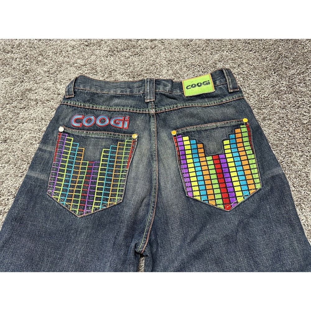 Coogi Men's 32x33 Blue Jeans Embroidered Pockets Distressed Wash Tetris Blocks
